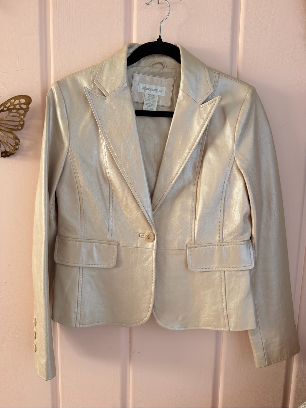 Worthington Champagne Cream Leather One-Button Blazer SzM
